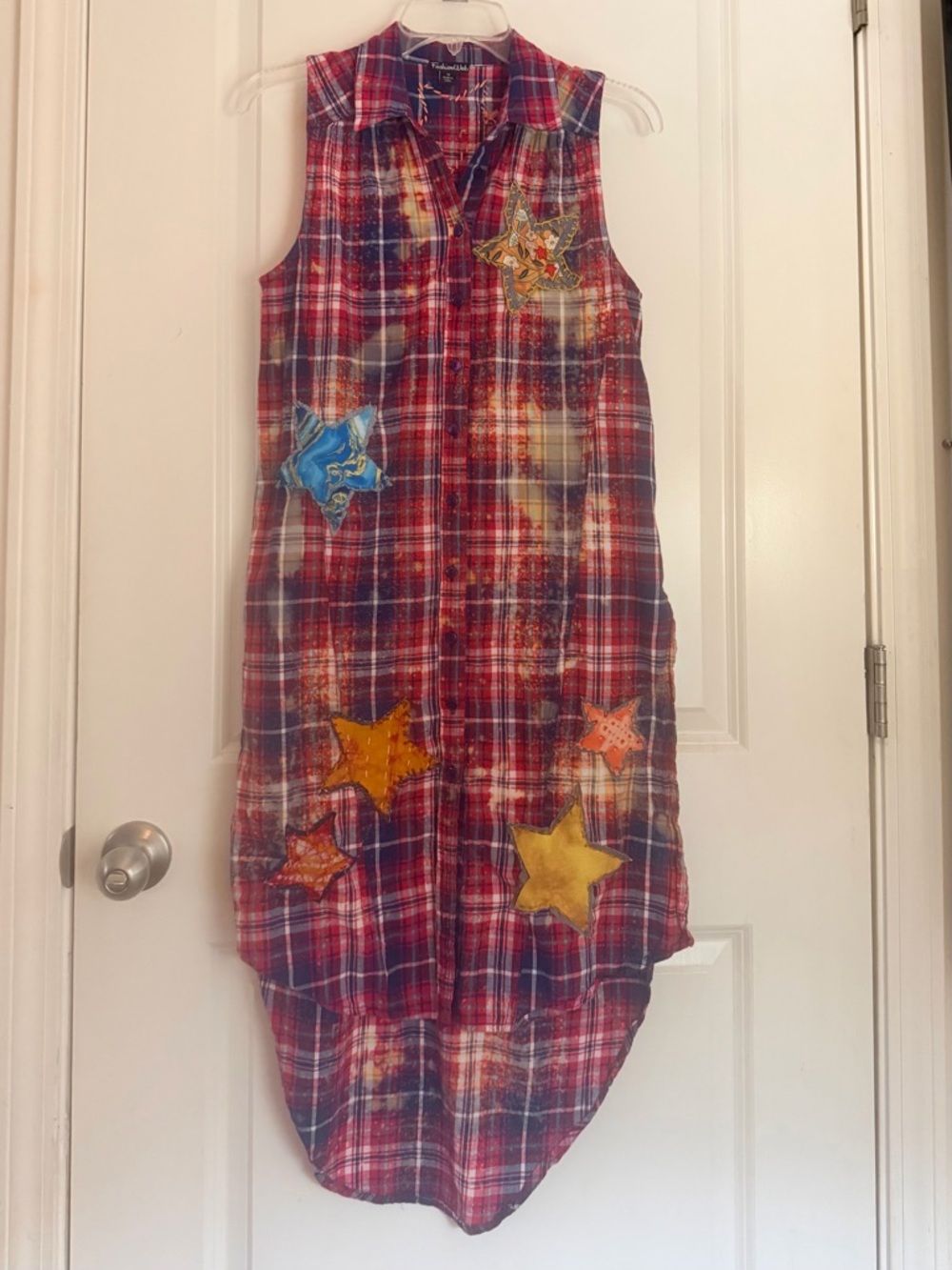 Hand designed up-cycled Sleeveless Collared button-up Hi/Low Duster